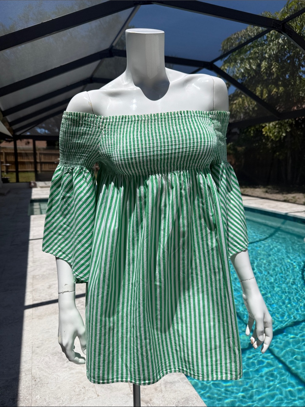 Zara Green and White Striped Off-Shoulder Mini Dress